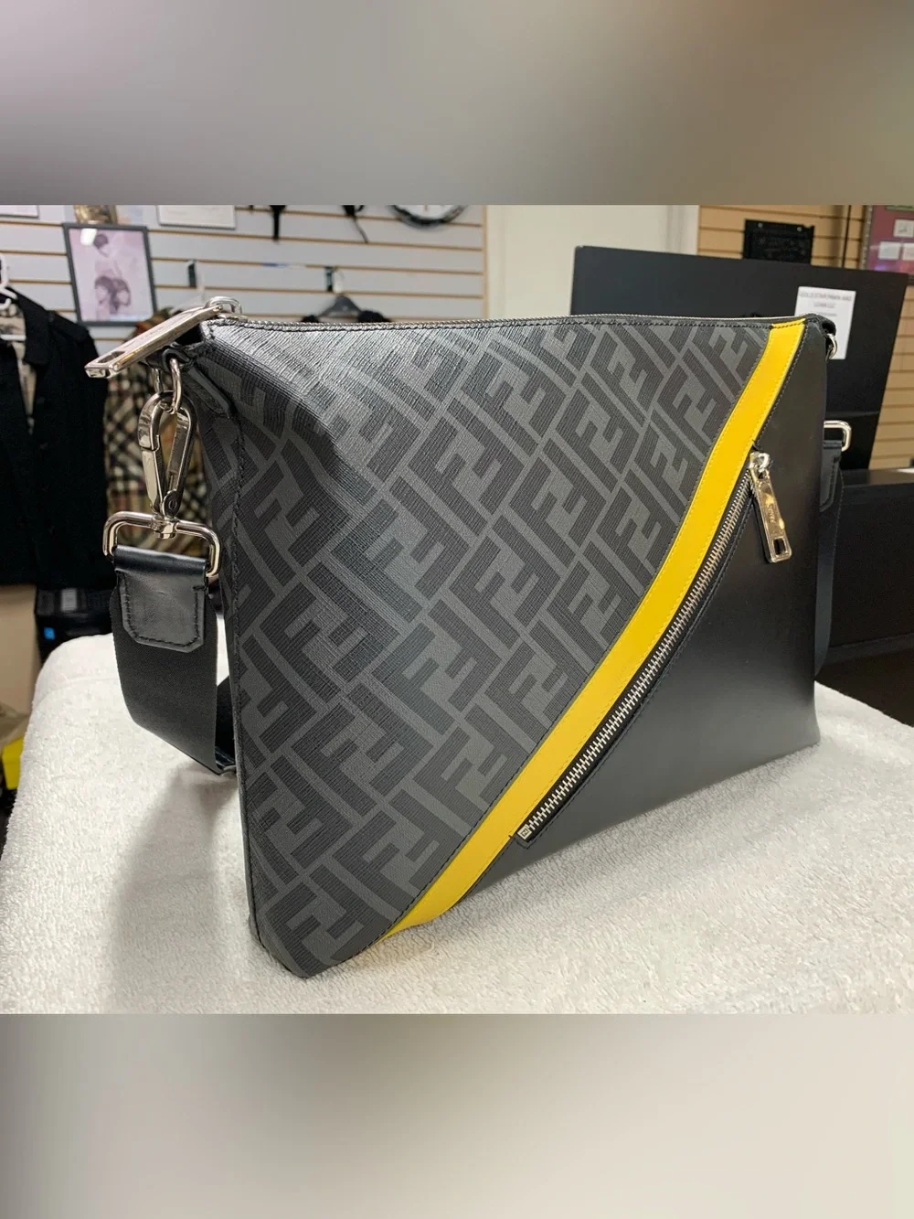 Fendi Diagonal FF Zucca Logo Black Messenger Bag